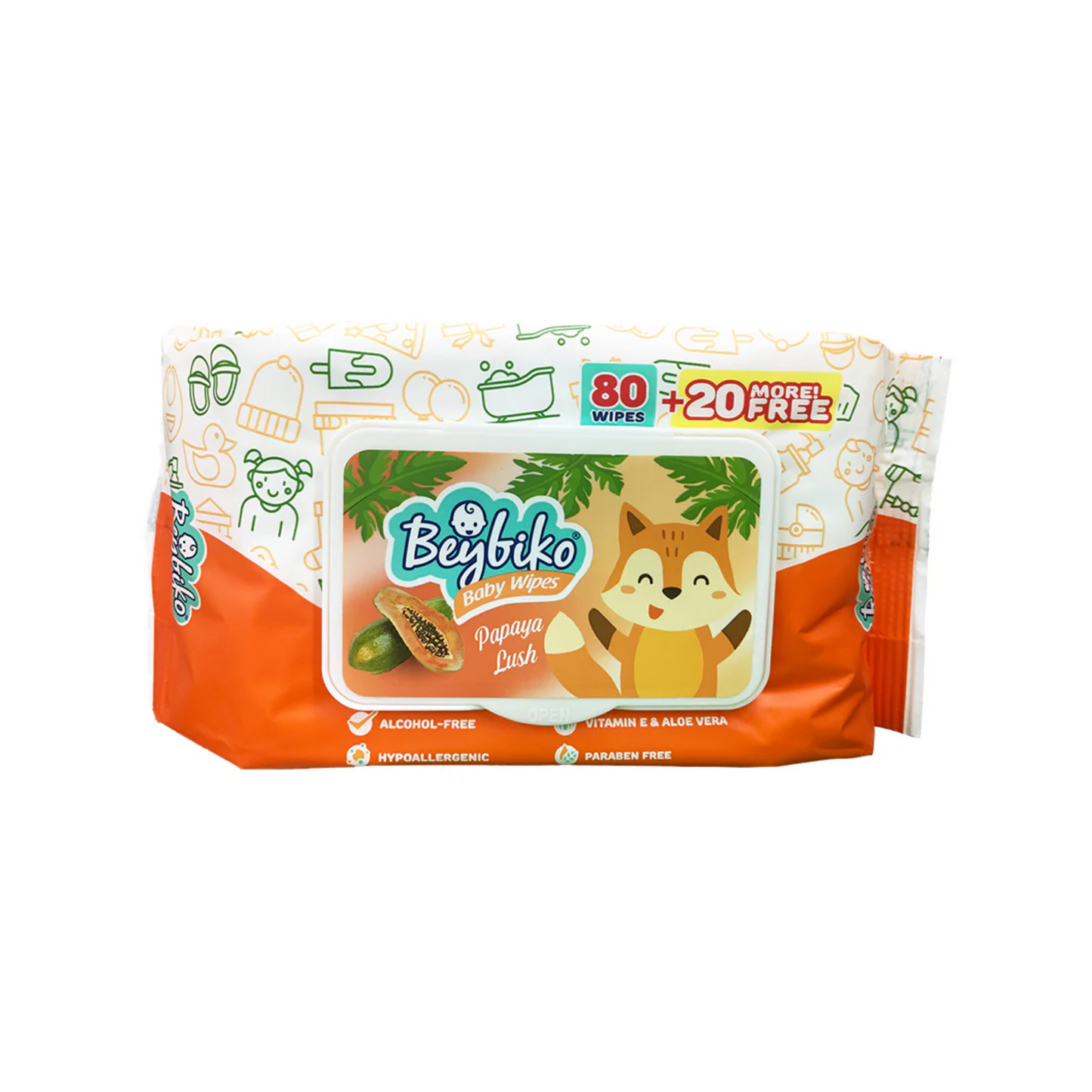Beybiko Baby Wipes Papaya Lush 80 + 20 Sheets