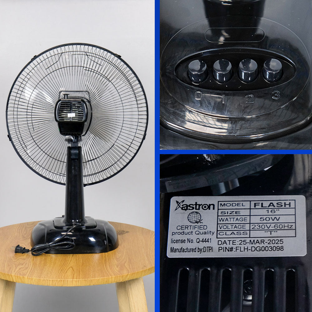 Astron FLASH 16'' Electric Desk Fan - Black | Strong Airflow | Powerful Motor | 50W