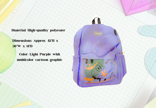 [School Sale] Light Purple Fashion Backpack with Printed Front and Pouch