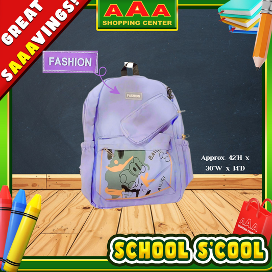 [School Sale] Light Purple Fashion Backpack with Printed Front and Pouch