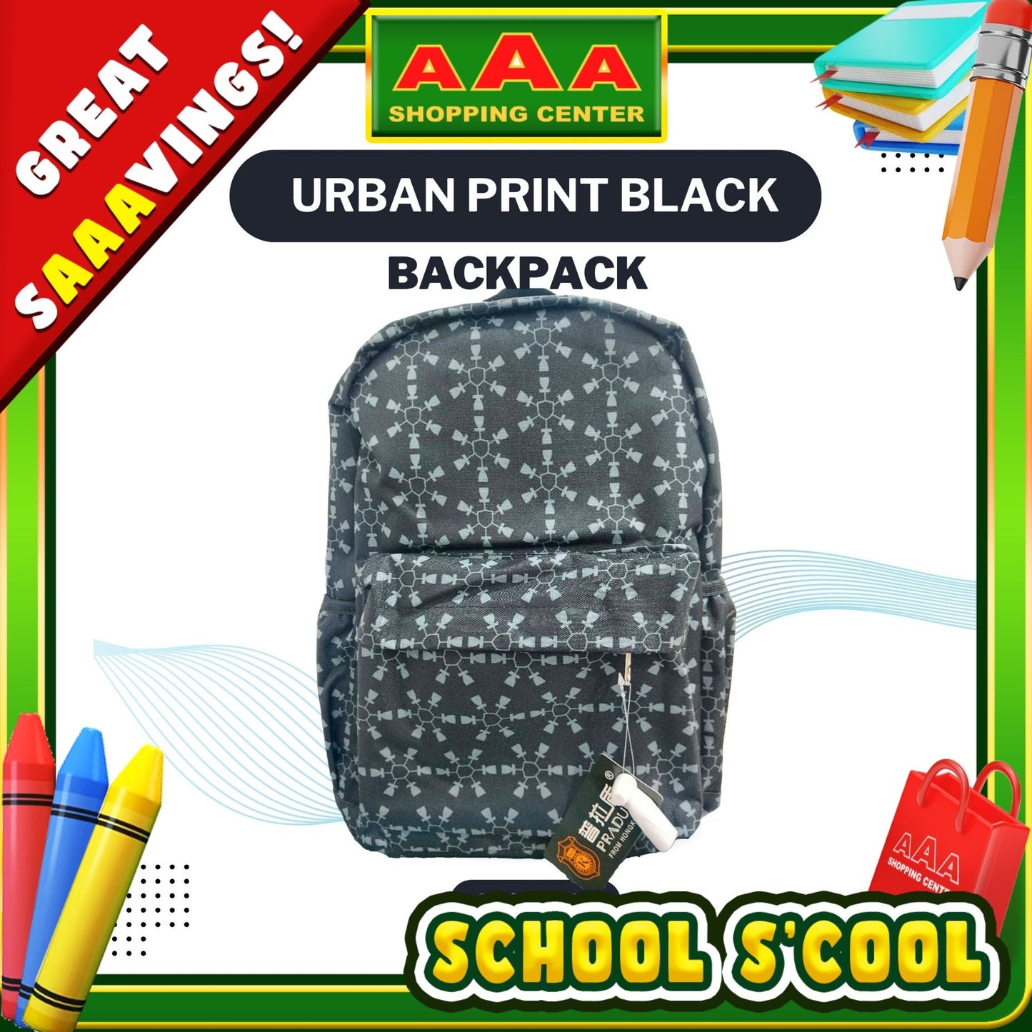 [School Sale] Pradun Teens Backpack - Urban Print Black